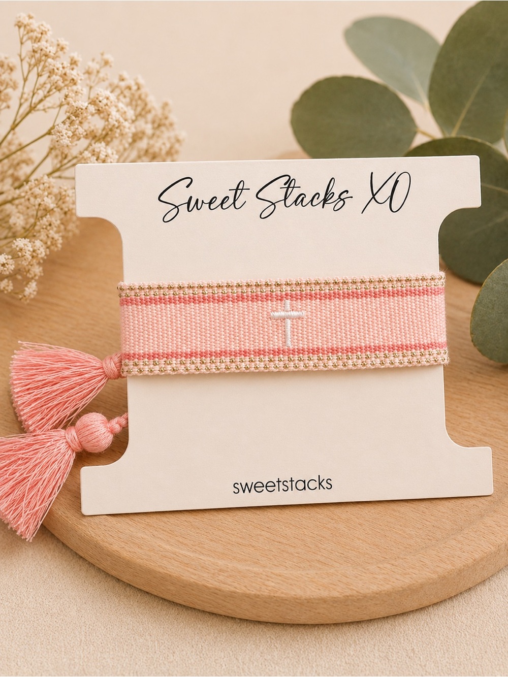 Pink Cross Woven Bracelet